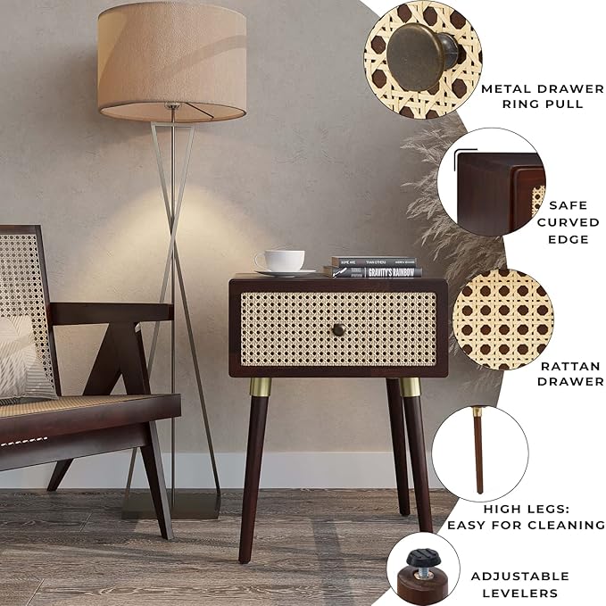 Bme Nipe Solid Wood and Rattan Nightstand, Fully Assembled, Woven Cane End Table - Image 7