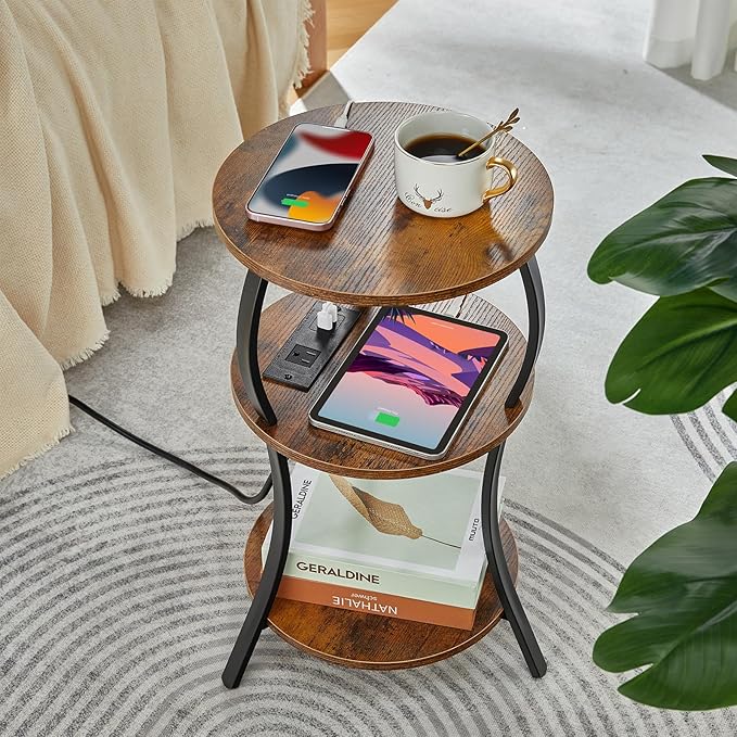Small Round Side Table with Charging Station, 3-Tier Waist Circular End Table - Image 9