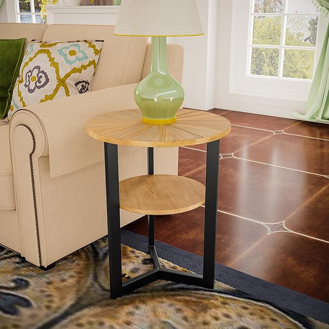 MODERION Round End Table with Storage, Solid Wood & Black Metal Frame, 19.3"L x - Image 4