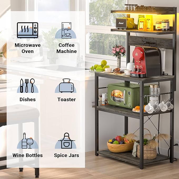 Aheaplus Bakers Rack with Power Outlet, Microwave Stand, 5 Tiers Coffee Bar - Image 6