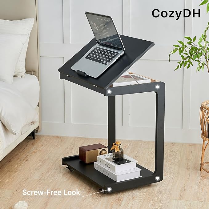 CozyDH Adjustable C Shaped End Table, Rolling Side Table Solid Wood TV Sofa - Image 8
