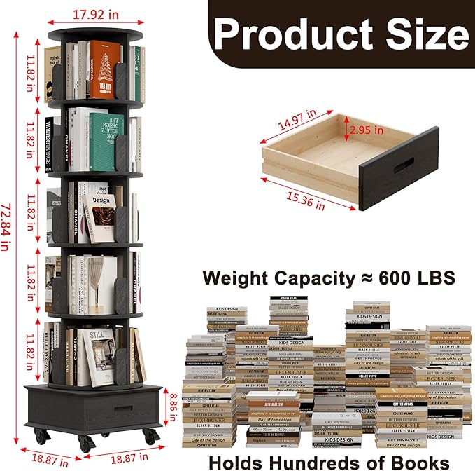 Solid Wood Rotating Bookshelf Tower on Wheels, 5-Tier Spinning Bookcase - Image 2
