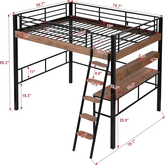 Metal Full Size Loft Bed with Built-in Desk, Storage Shelf and Ladder, - Image 2