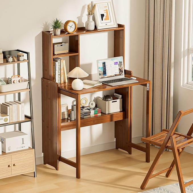 31.1" Bamboo Folding Desk with Bookshelf, Compact Computer Desk - Image 8
