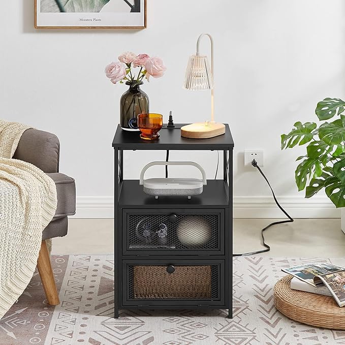 VECELO Black End Table with USB Ports and Outlets, 24 Inch Nightstands with - Image 6