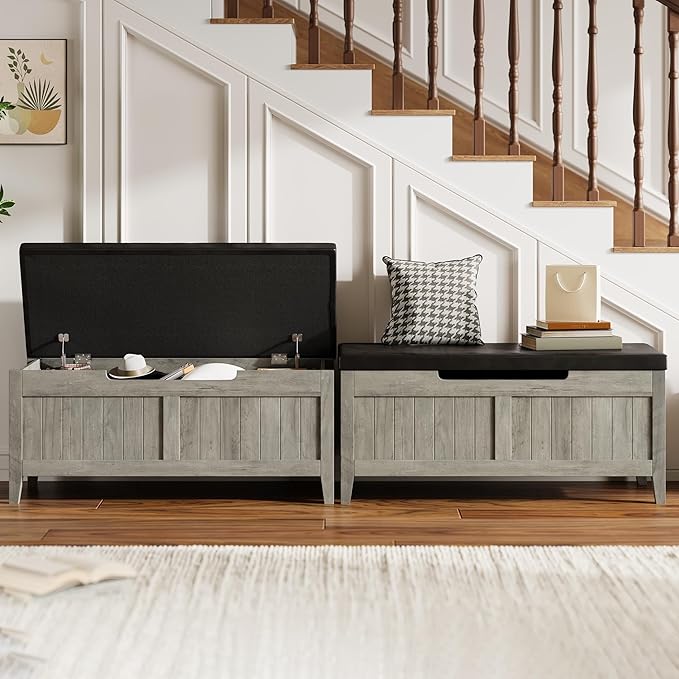 GAOMON Storage Bench with Padded Seat, 39.4” Wooden Chest Storage Box with 2 - Image 2