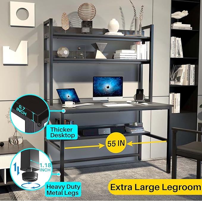 Aquzee Computer Desk with Hutch and Bookshelves, Large Leg Room 55 inch Width - Image 5