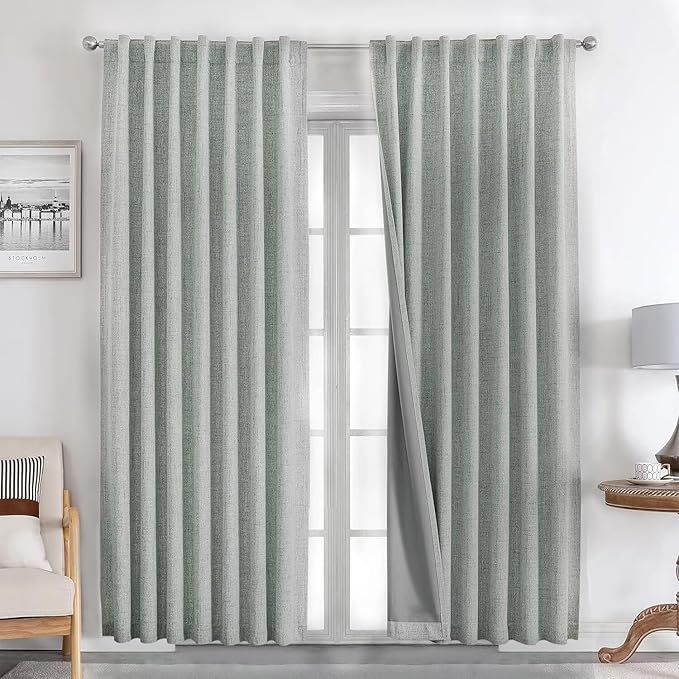 Joydeco Natural Linen Curtains 90 inch Length 2 Panels Set Burg 100% Blackout by JOYDECO