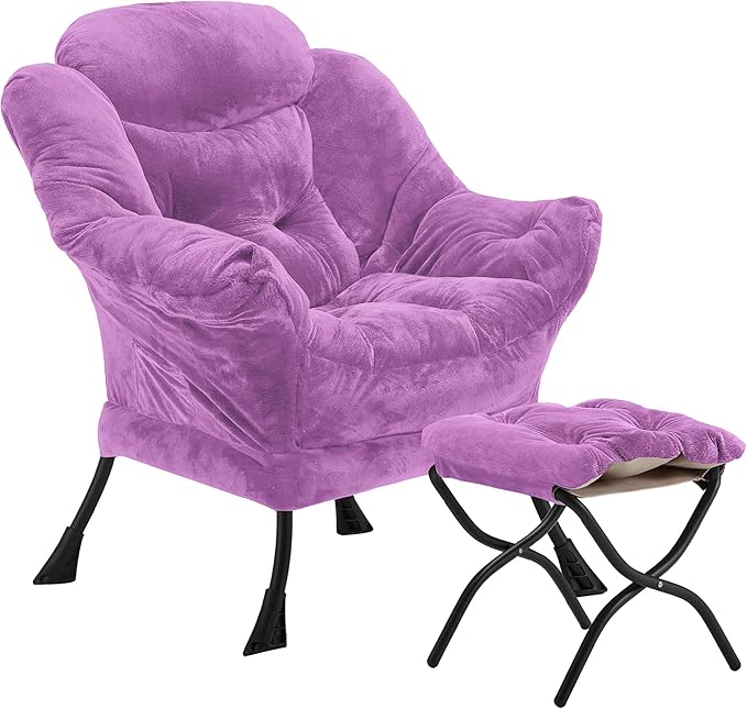 Lazy Chair with Folding Ottoman, Accent Chair Plush Upholstered with Metal by Youtanic