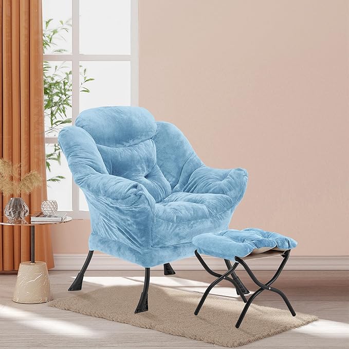 Lazy Chair with Folding Ottoman, Accent Chair Plush Upholstered with Metal - Image 2