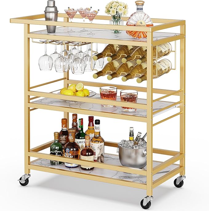 Leteuke Bar Cart for Home, 3 Tier Gold Serving Rolling Carts by Leteuke