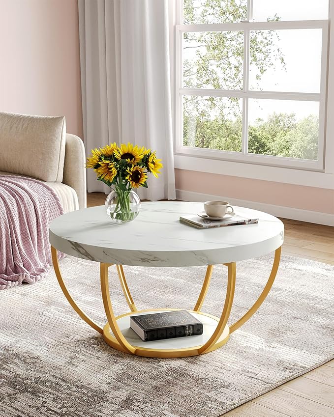 LITTLE TREE Round Coffee Table, 2-Tier Golden Metal Legs Accent Center Table - Image 2