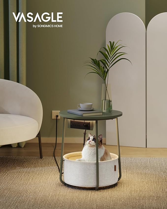 VASAGLE Side Table with Charging Station, Round End Table with Fabric Basket - Image 2