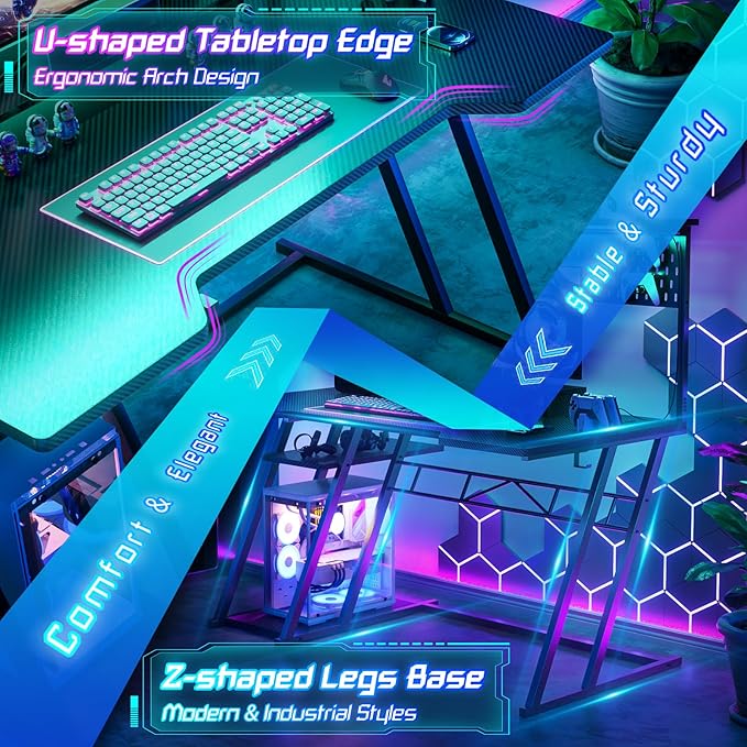 Gaming Computer Desk with Shelves and Outlets, Gaming Desk with Hutch and LED - Image 6