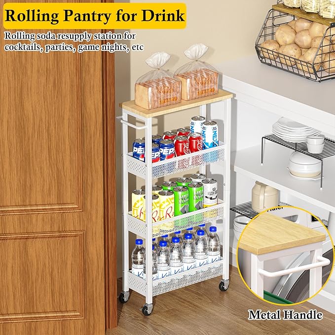 Utility Slim Storage Cart, 4 Tier Small Rolling Kitchen Laundry Room Cart - Image 6