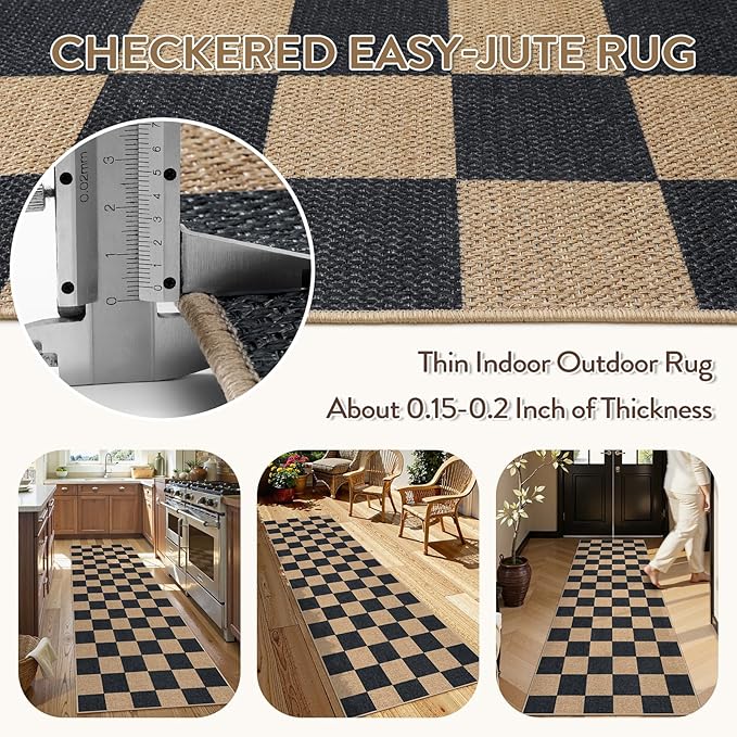 Lahome Checkered Easy Jute Runner Rug, 2x8 Kitchen Rug Non Slip Washable - Image 3