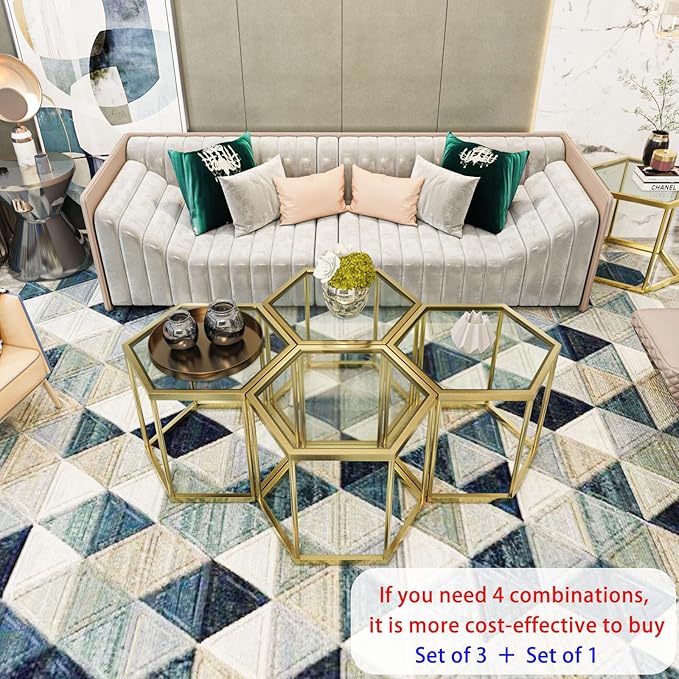Gold Coffee Table Glass Modern Coffee Table, Hexagon Free Combination Glass - Image 4