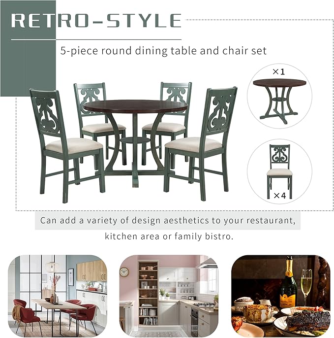 Merax 5 Piece Round Dining Table Set 4 Retro Chairs - Image 4