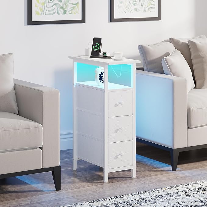 End Table with Charging Station, Narrow Side Table with 3 Fabric Drawers - Image 8