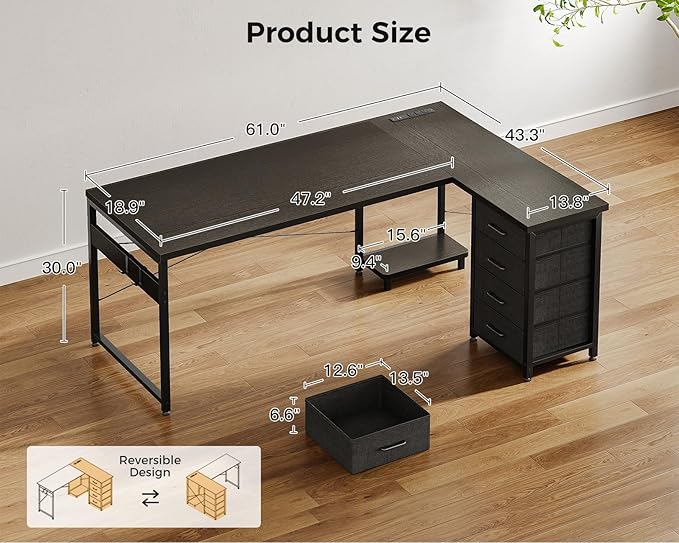 AODK L Shaped Gaming Desk with 4 Drawers, L Shaped Computer Desk with USB - Image 3