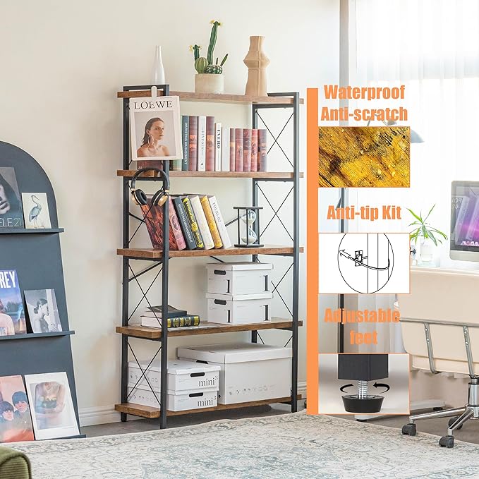 Bookshelf, 5 Tier Book Shelf, Industrial Tall Bookcase - Image 6