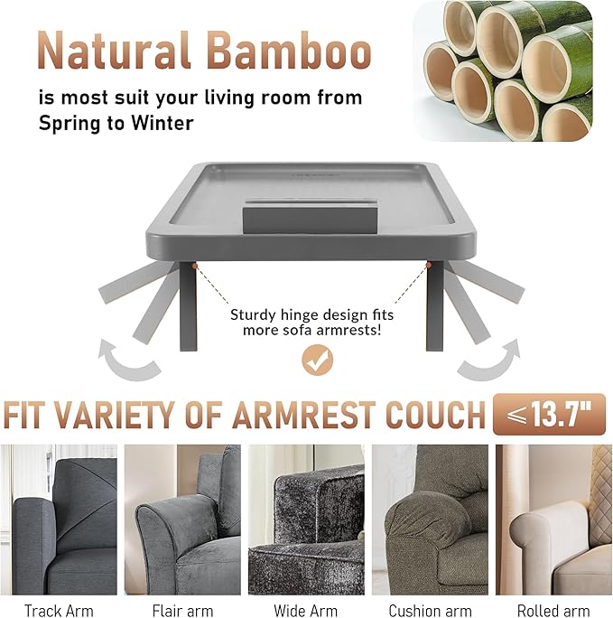 SINWANT Couch Armrest Table, Bamboo Couch Arm Table 360° Phone Holder, Foldable - Image 3