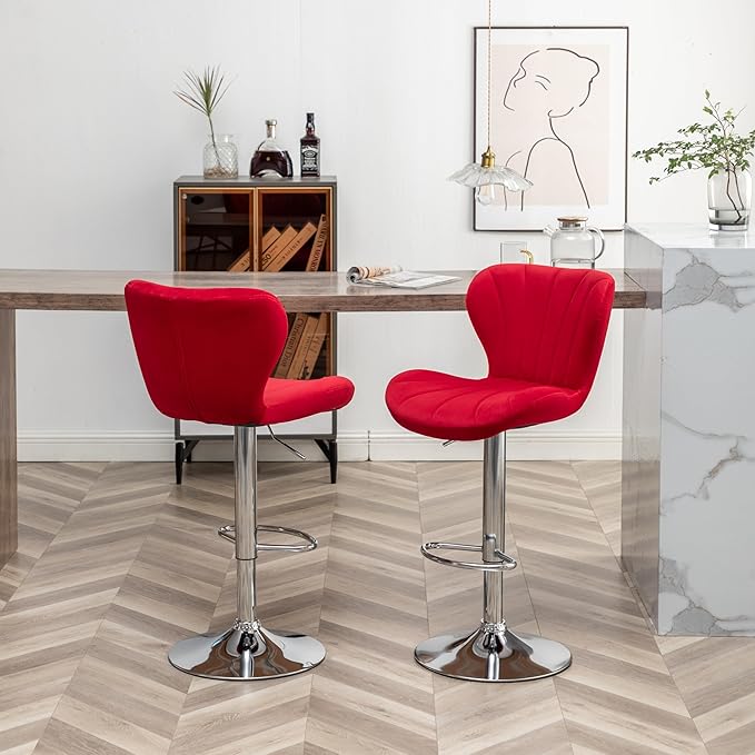 Roundhill Furniture Ellston Velvet Adjustable Swivel Barstools in Red - Image 6