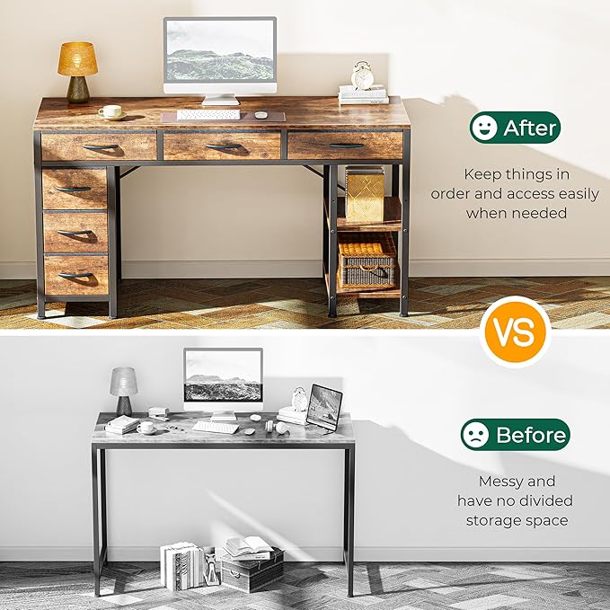 Huuger Computer Desk with 6 Drawers, 47 Inch Office Desk with Shelves, - Image 5