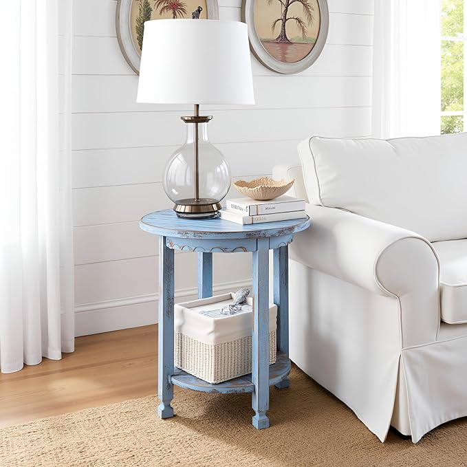 Rustic Cottage Round End Table w/ 1 Shelf - 25 in. W x 20 in. D x 24 in. H - - Image 2