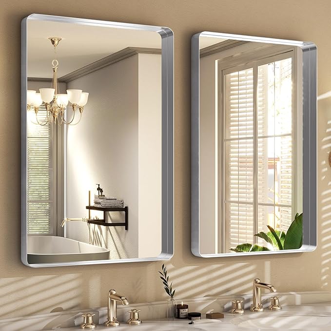 Silver Bathroom Mirror for Wall, 36x24 Inch Rectangular Aluminum Alloy Framed - Image 3