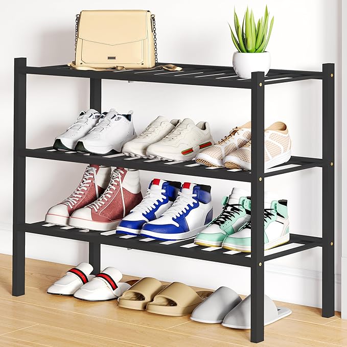 Smiry Shoe Rack, 3 Tier Bamboo Shoe Organizer, Stackable Free Standing Wooden by Smiry