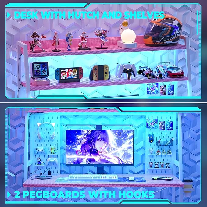 Small Gaming Desk with Hutch and LED Lights, Gaming Computer Desk with Power - Image 5