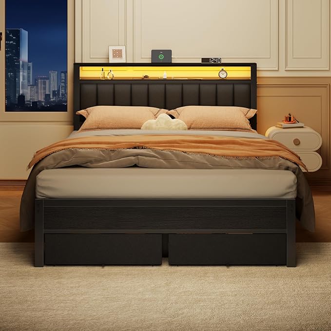 Furnulem Queen Bed Frame with Charging Station and LED Lights, Metal Platform - Image 4