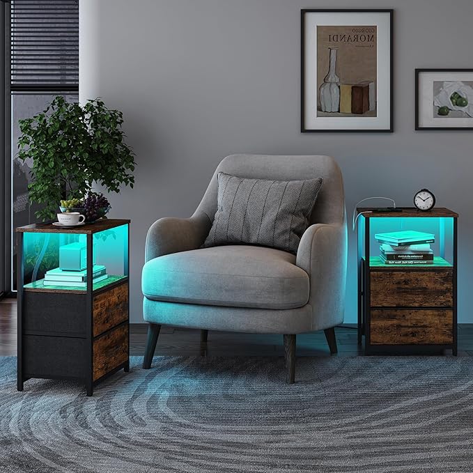 TUTOTAK LED End Table with Charging Station, Nightstand with Cloth Drawer - Image 2