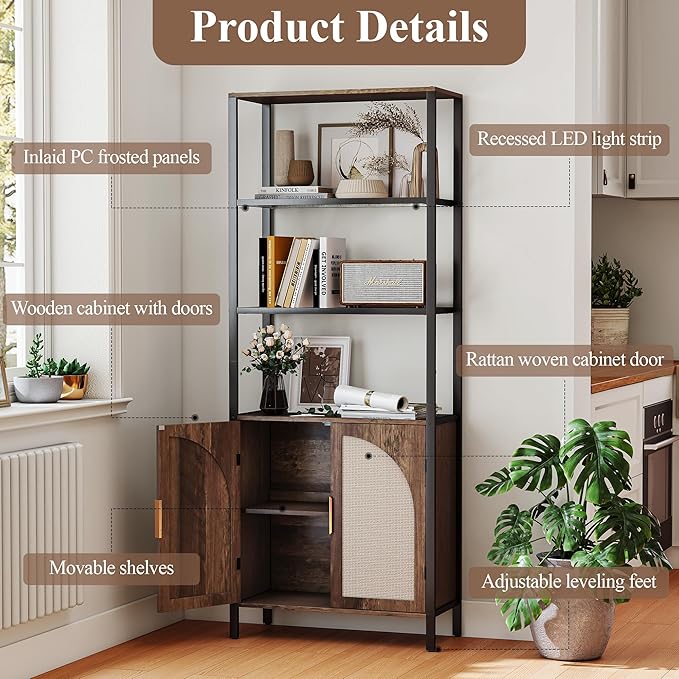 Bookshelf with Rattan Doors, 5 Tier Book Shelf Storage Organizer - Image 4