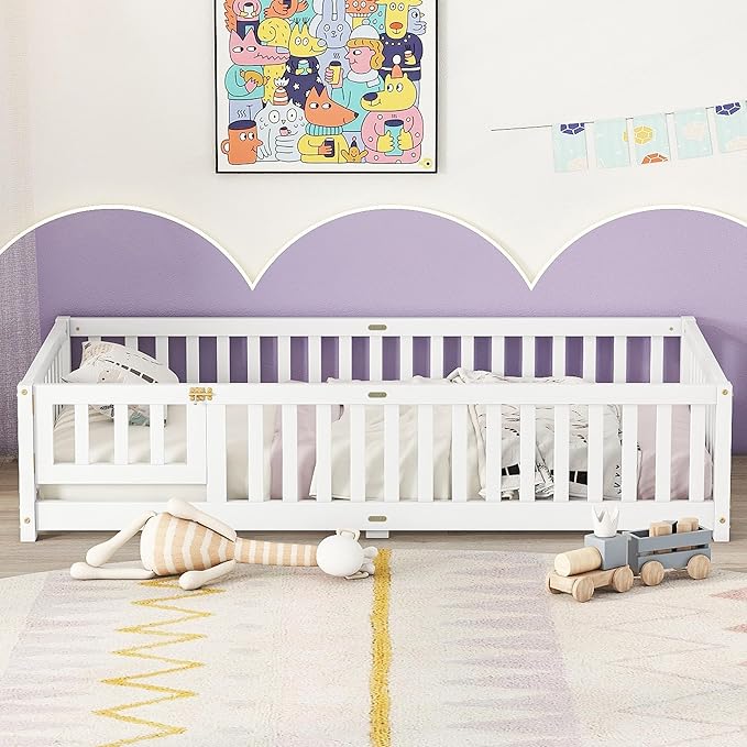 Twin Floor Bed Frame with Slats and Safety Guardrail, Wood Twin Size Montessori - Image 2