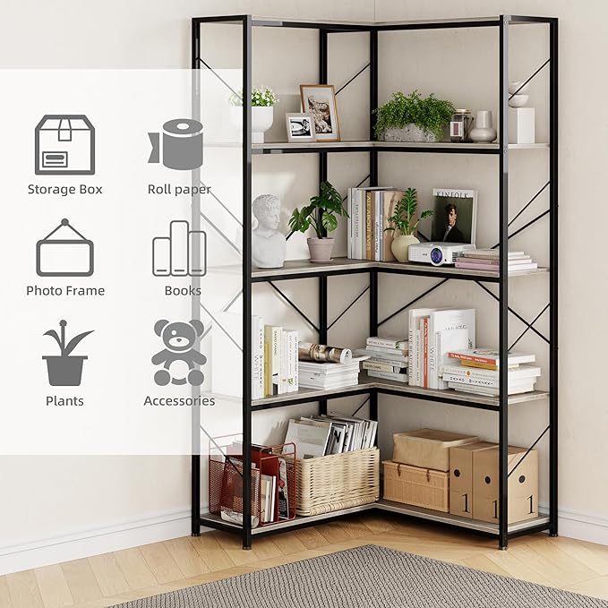 Shintenchi 5 Tier Corner Bookshelf, L Shaped Bookcase, Large Etagere Bookcase - Image 5