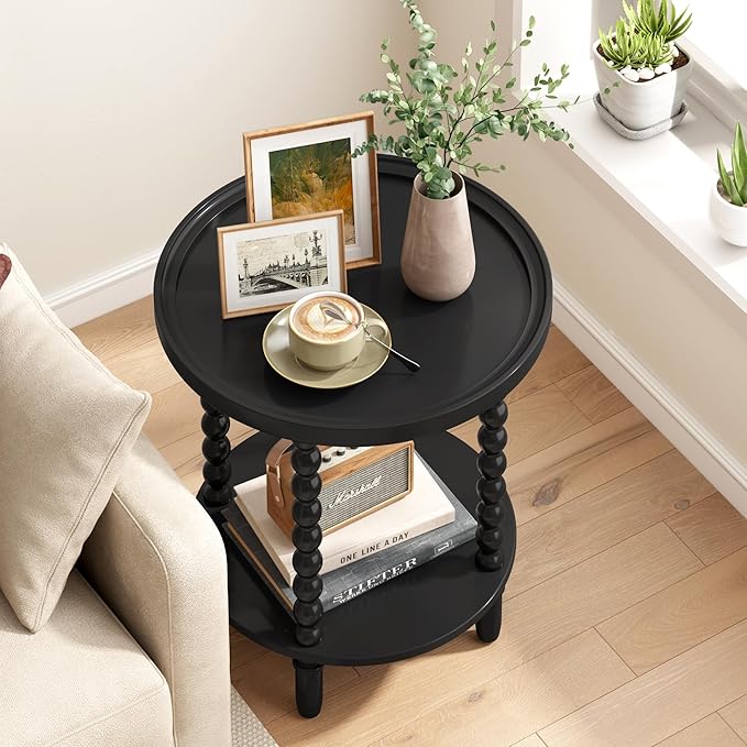 Gadroad Round End Table with Storage Shelf, 2 Tier Couch Side Table, Wood - Image 2