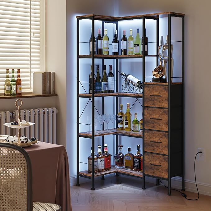 Corner Bookshelf with LED Light Strips & 4 Fabric Drawers, 5-Tier Convertible - Image 7