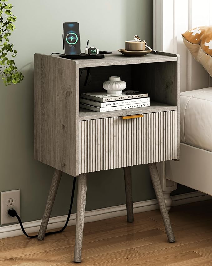 Nightstand with Outlet, Modern Bedside Table with Storage Drawer and Open Wood by JOONEE