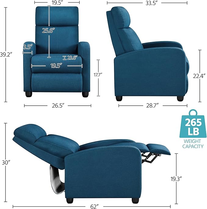 Yaheetech Fabric Recliner Sofa Modern Single Recliner Sofa Home Theater Seating - Image 3