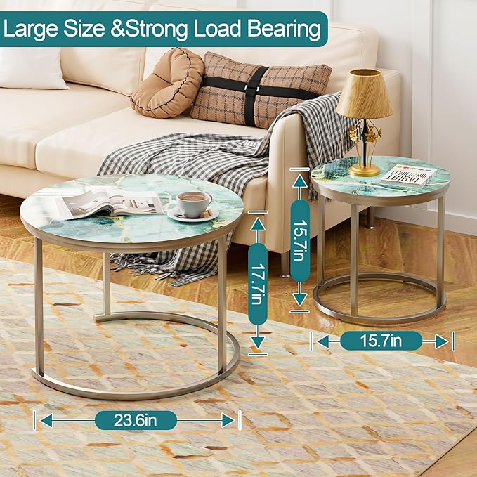 aboxoo Coffee Table Nesting Side Round Set of 2 End Table Green Art Table Top - Image 4