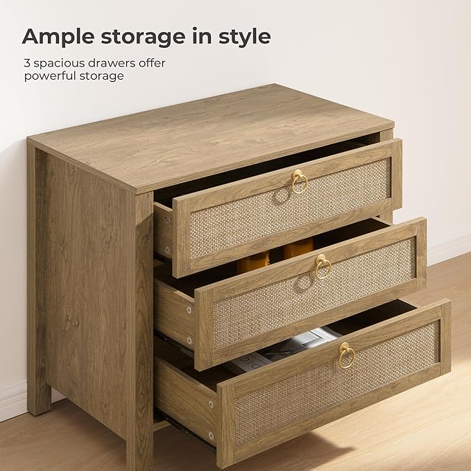 SICOTAS Night Stand with Drawers, Large Rattan Bedside Table with Golden Handle - Image 6