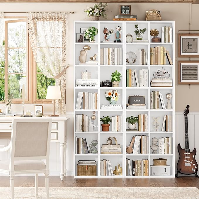 FOTOSOK 71'' White Bookshelf, Double Wide Media Tower Rack CD DVD Rack Display - Image 2
