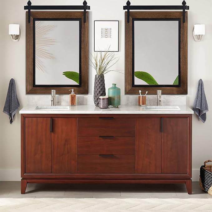 YOSHOOT Farmhouse Barn Door Mirror, Wood Frame Wall Mirror, Wooden Mirror - Image 4