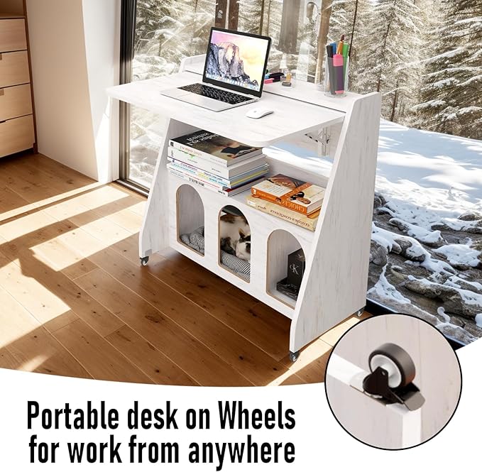 Pmnianhua Farmhouse Portable Desk on Wheels, Mobile Workstation, Rolling - Image 4