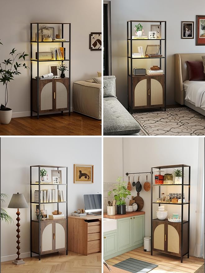 5 Tier Rattan Bookcase with Light 71" Tall Boho Bookshelf with Doors Large - Image 9