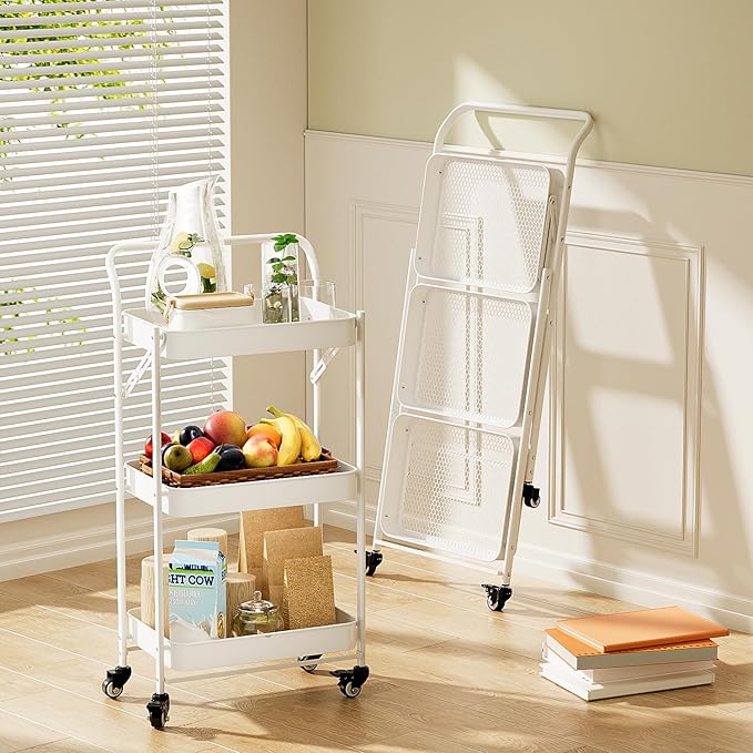 JAQ Foldable Rolling Cart, 3-Tier Metal Small Folding Storage Utility Carts - Image 4