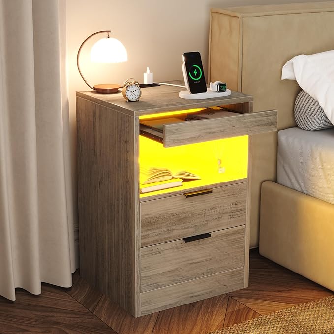 Gadroad LED Nightstand with Charging Station, Bedside Table with 3 Drawers and - Image 7