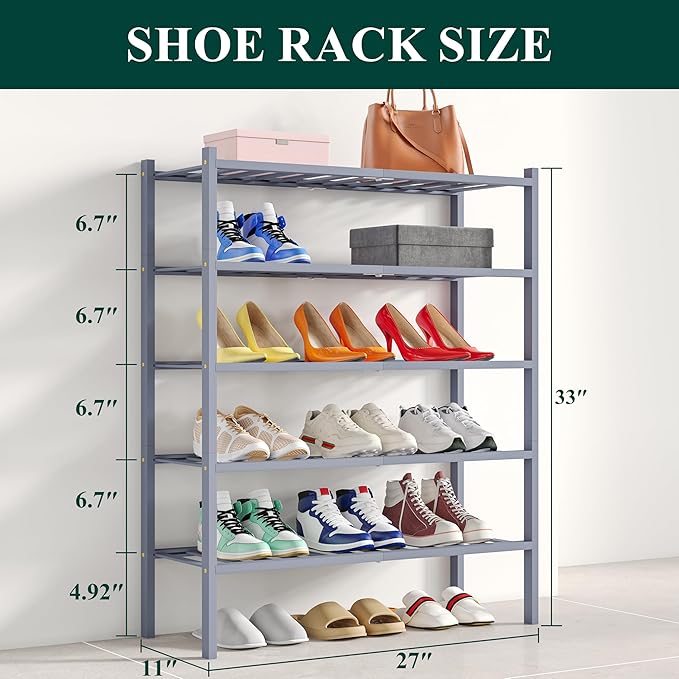 Smiry Shoe Rack, 5 Tier Bamboo Shoe Organizer, Stackable Free Standing Wooden - Image 2